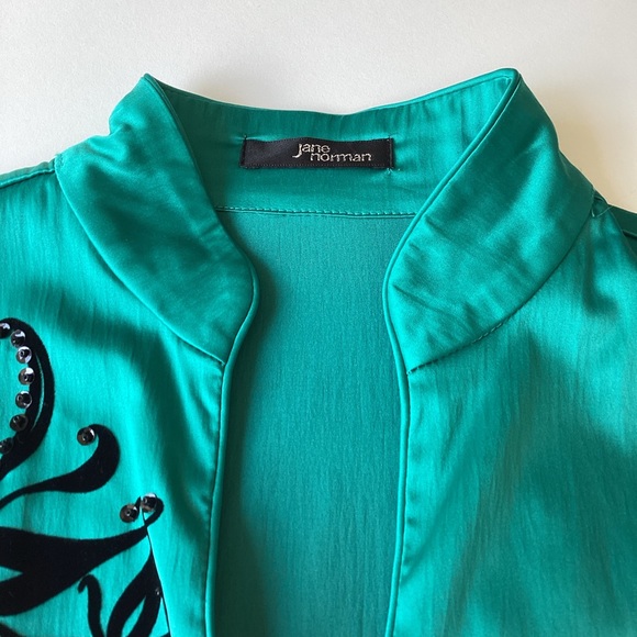 Jane Norman Y2K dress 14 turquoise green satin black embroidered vintage - Picture 11 of 16